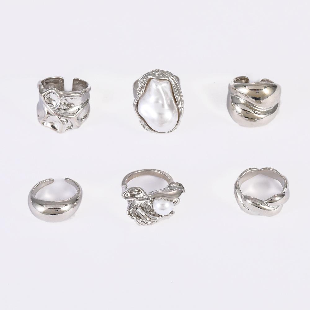 Sweet and Cool Geometric Baroque Pearl Ring Set Personalized Liquid Metal Glossy Ring Geometric Ring Set