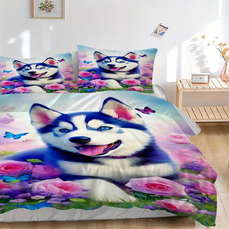 

3 шт. Комплект пододеяльника с щенками хаски - Включает 1 пододеяльник и 2 наволочки, без одеяла, для любого сезона, домашний декор yy251111153 135x200cm