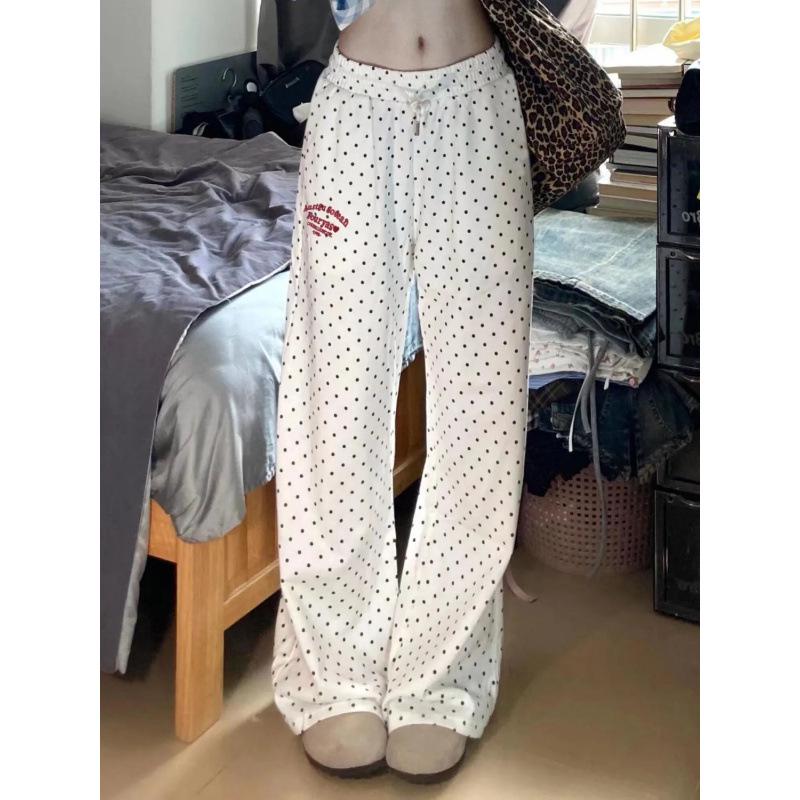 Women s Summer Retro Polka Dot High-Waist Wide-Leg Pants L белый