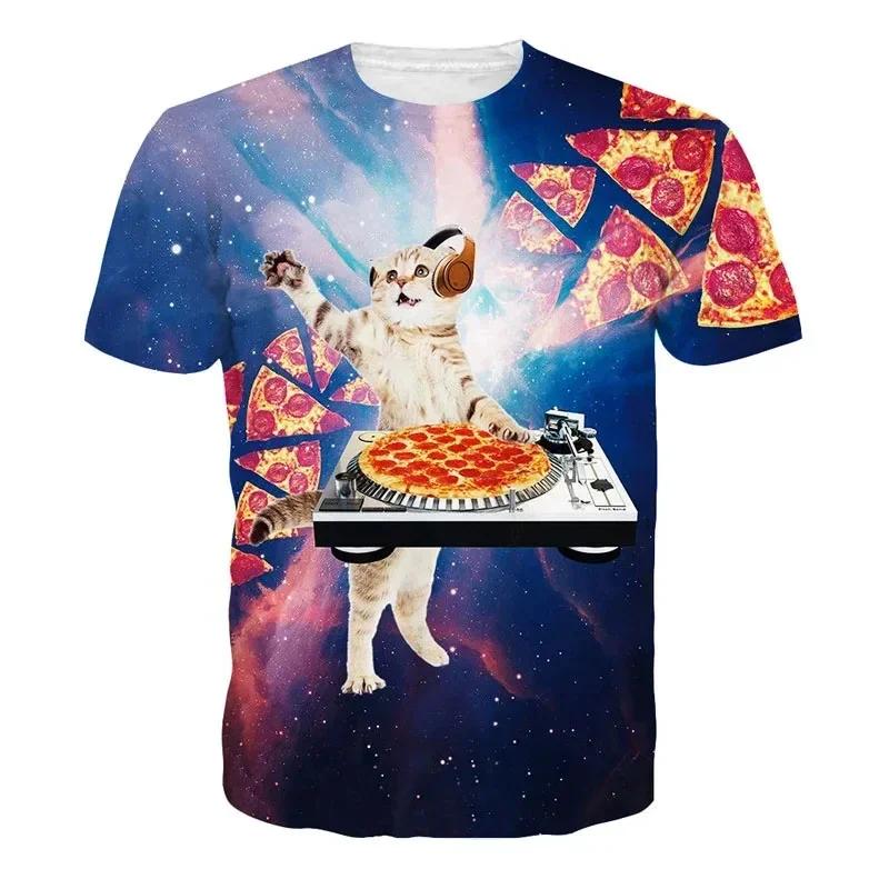 Summer Men Galaxy Cat Graphic Short Sleeve 3D Print Funny Cats T Shirt Personality Fashion Casual Harajuku Street Round Neck Tee