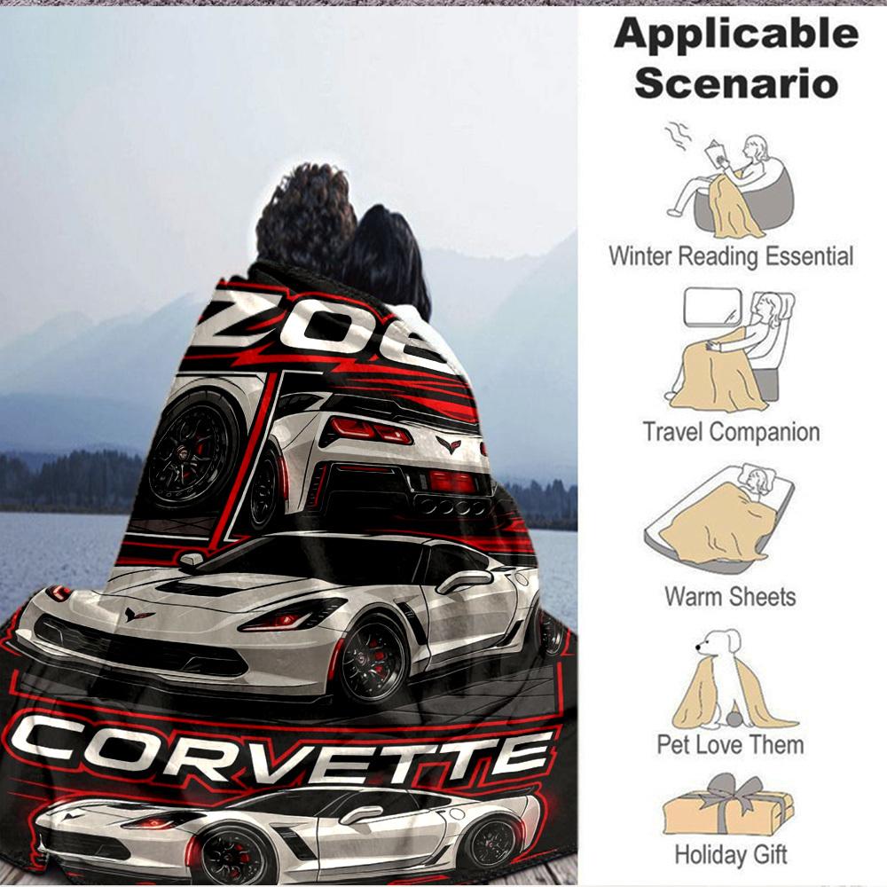 1pc Corvette Z06 Car Blanket Lightweight Flannel Blanket Throw Blanket For Sofa, Bed, Travel, Camping, Livingroom, Office, Couch