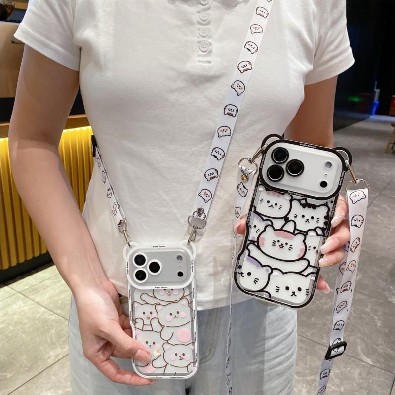 Korean Cute Flower Bear Ears Crossbody Lanyard Case For iPhone 17 16 15 14 13 12 11 Pro Max XS Max 7 8 Plus Cover Women Girl's
