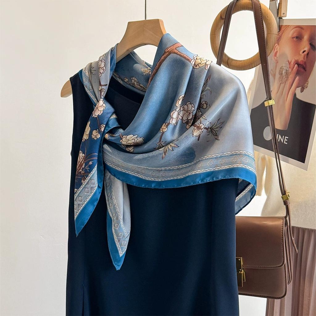 90X90Cm Vintage Blue Handkerchief Scarf For Women Small Shawl Imitation Silk Satin Hair Scarfs Female Square Head Scarves
