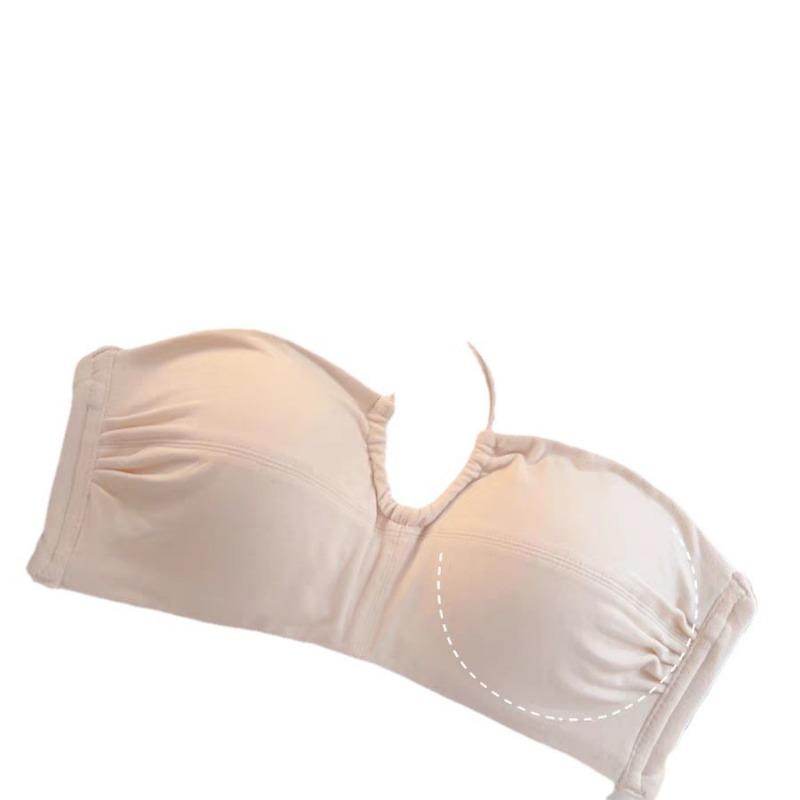 Women Beige Strapless Bandeau Bra with Removable Strap and Ruched Cups
