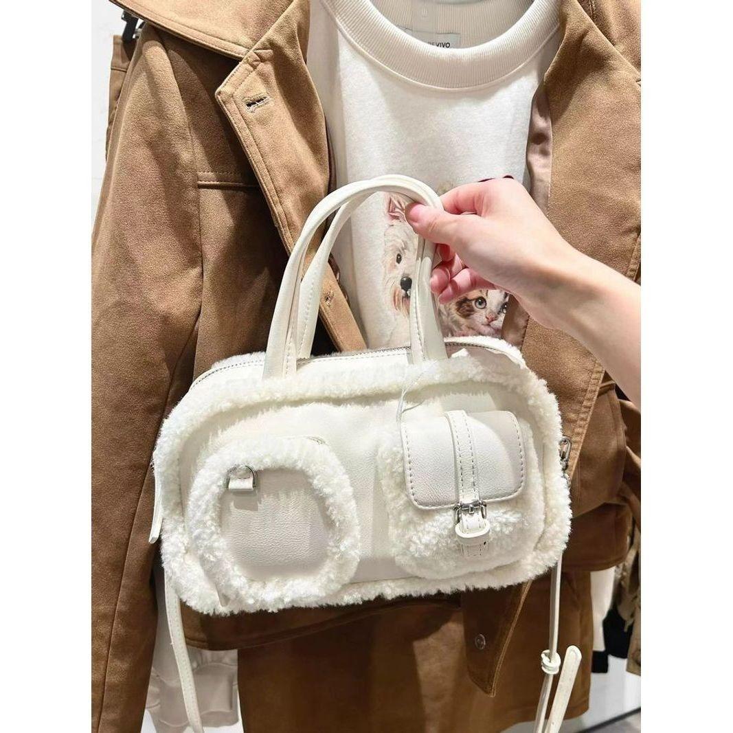 

JIAERDI Hot Girls White Handbag Bowling Bag Women High Street Handle Pocket Suede Crossbody Bags Ladies Retro Y2k Hand Bag New 24x12x10cm белый