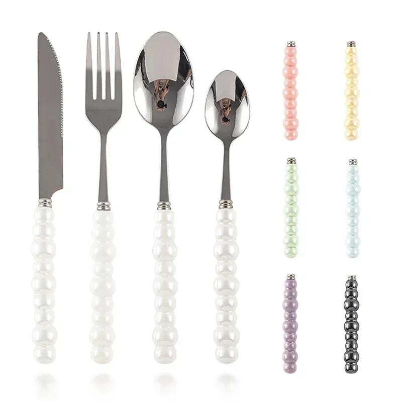 Set of 4 Ceramic Pearl Handle Cutlery Set Knife Fork Spoon Creative Cute Soup Spoon Western Food Steak Knife Spoon and Fork Set