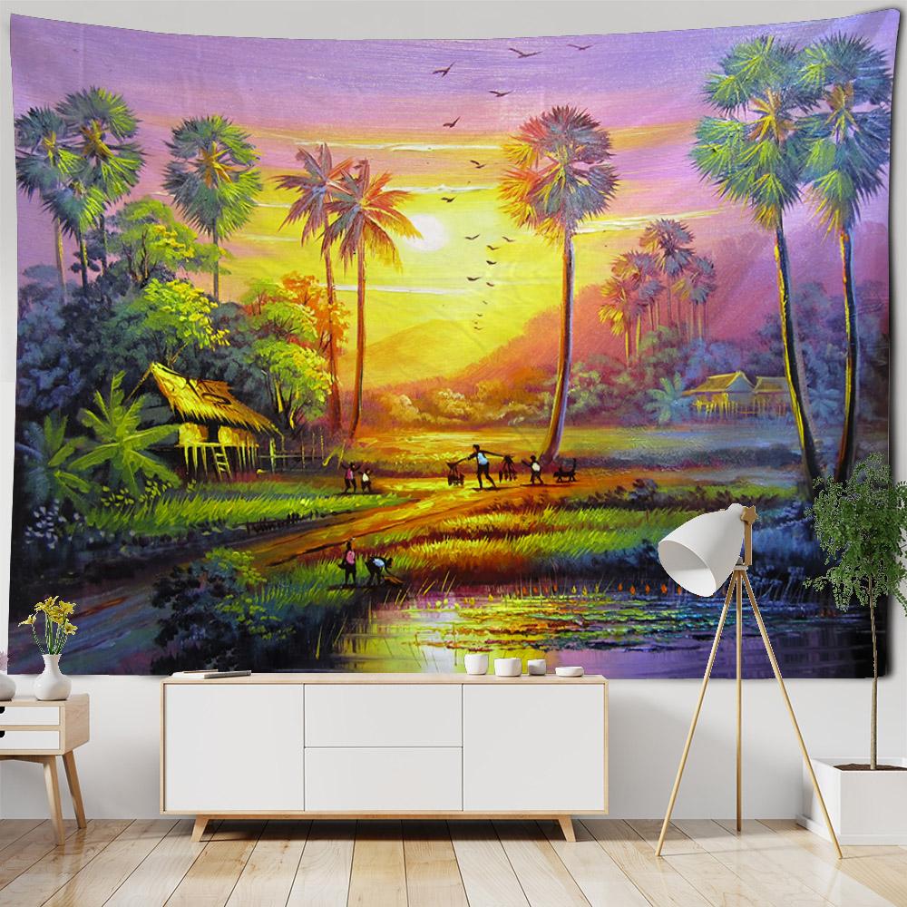 Retro Krajina Olejomalba Tapiserie Nástěnná Fantasy Domácí Umělecká Dekorace Fantasy Kawaii Pokoj Pozadí Látková deka