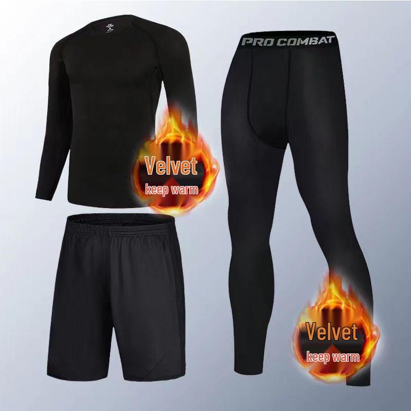 Men's Plus Velvet Quick-Dry High-Elastic Training and Running Set: Autumn/Winter Warm Fitness Tights and Base Layer.