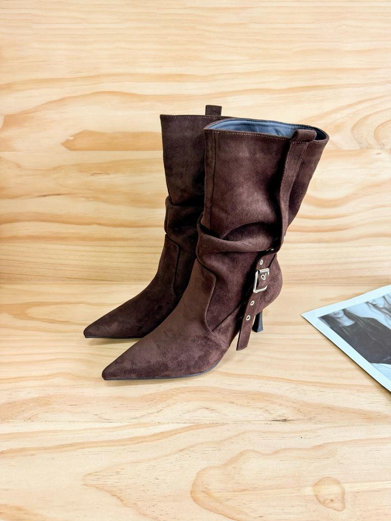 European and American temperament versatile suede pointed high-heeled short boots