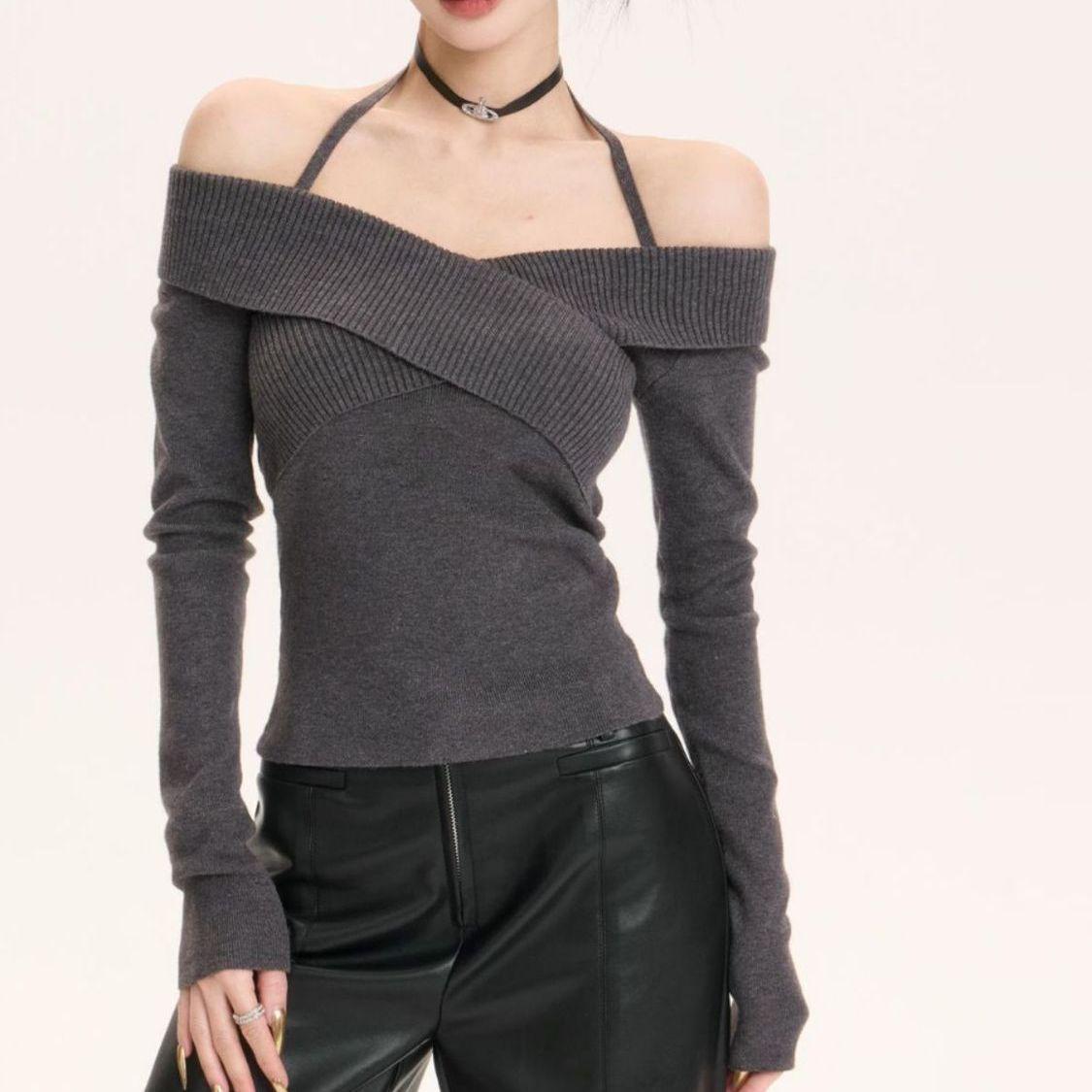 

Американский ретро красный вязаный свитер с открытыми плечами: Приталенный крой, дизайн осень/зима One Size серый