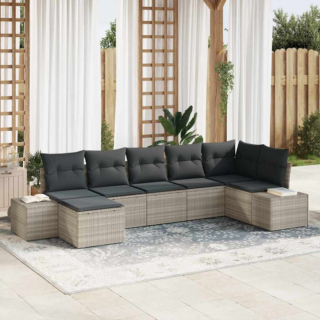 7 Piece Garden Sofa Set with Cushions Light Grey Poly Rattan