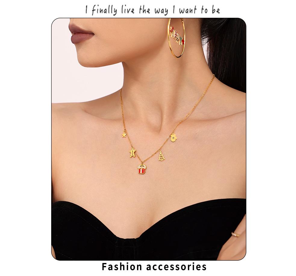 Oumeka Christmas Geometric Pendant: 18K Gold-Plated Stainless Steel Enamel Chain Jewelry
