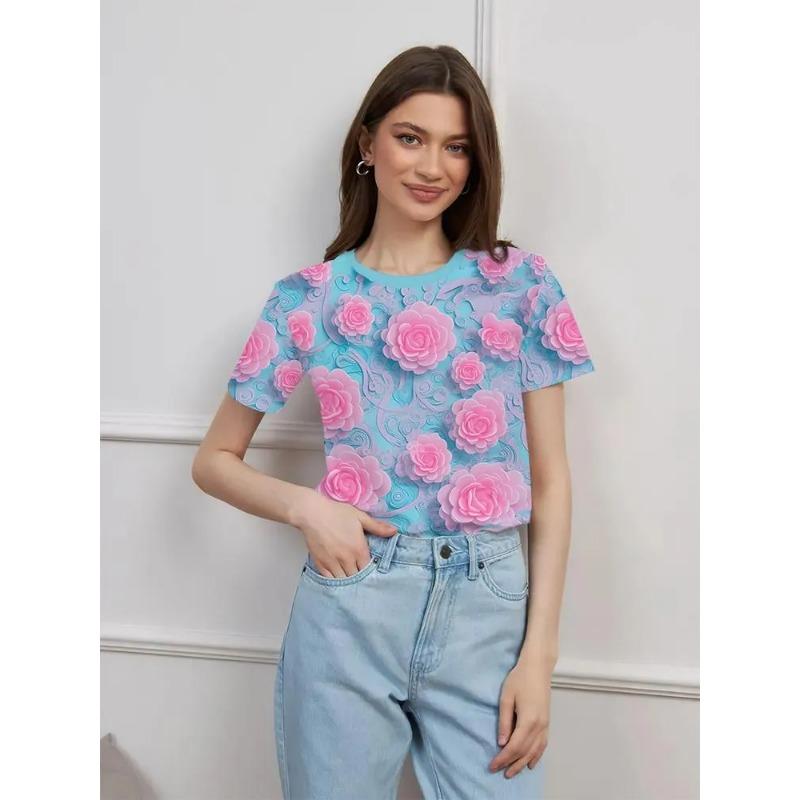 Women's Summer Round Neck Short Sleeved T-shirt Paired with 3D Floral Print Casual Top Breathable and Machine Washable Suitable for Outdoor Daily Wear
