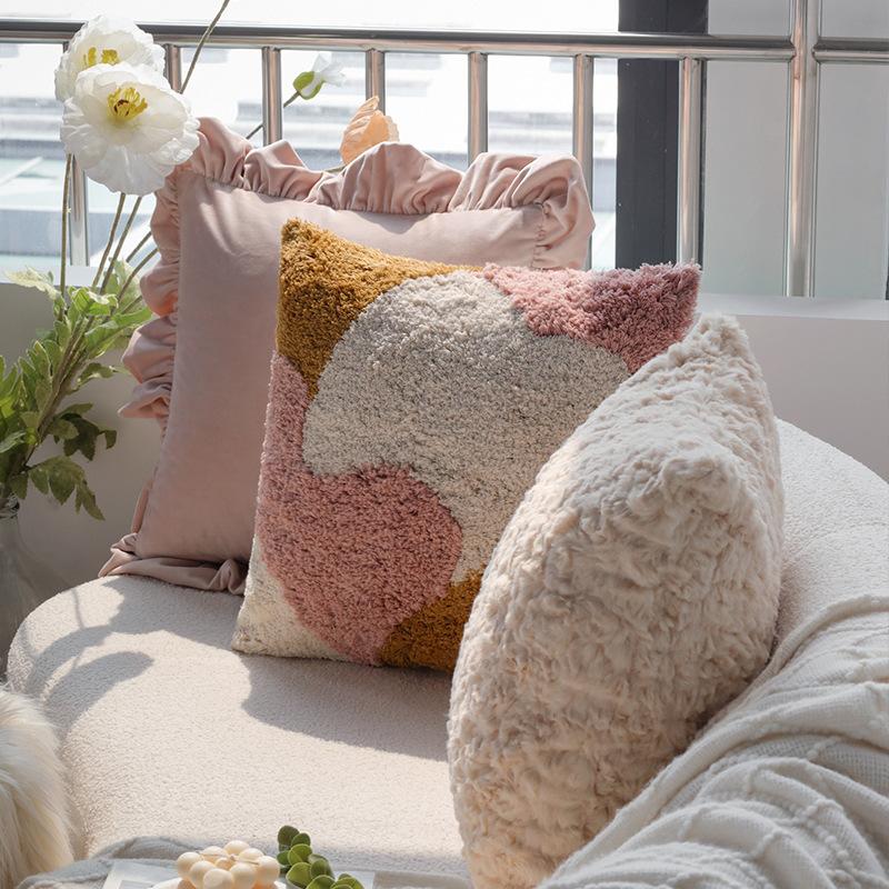 Ins Nordic Velvet Ruffle Pillow Case Living Room Sofa Cushion Pink Bedside Cushion Cushion Pillow