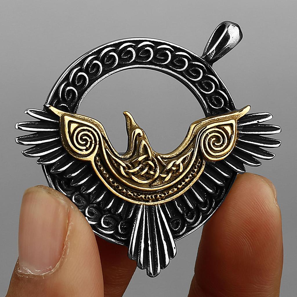 Viking Triangle Odin Raven Huginn and Muninn Necklace Amulet Stainless Steel Pendant Men‘s Fashion Jewelry Gift