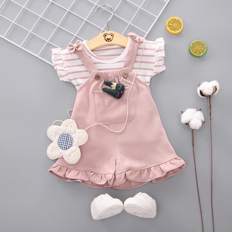 Summer Girls Babies Cute Striped Short Sleeved New Small Medium Sized Children's Shoulder Strap Short Sleeved Set Two-piece