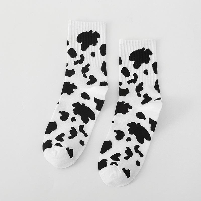Black & White Cow Striped Women s Cotton Socks Cute All-Match Trendy Mid Calf Long Tube Socks EU36-42