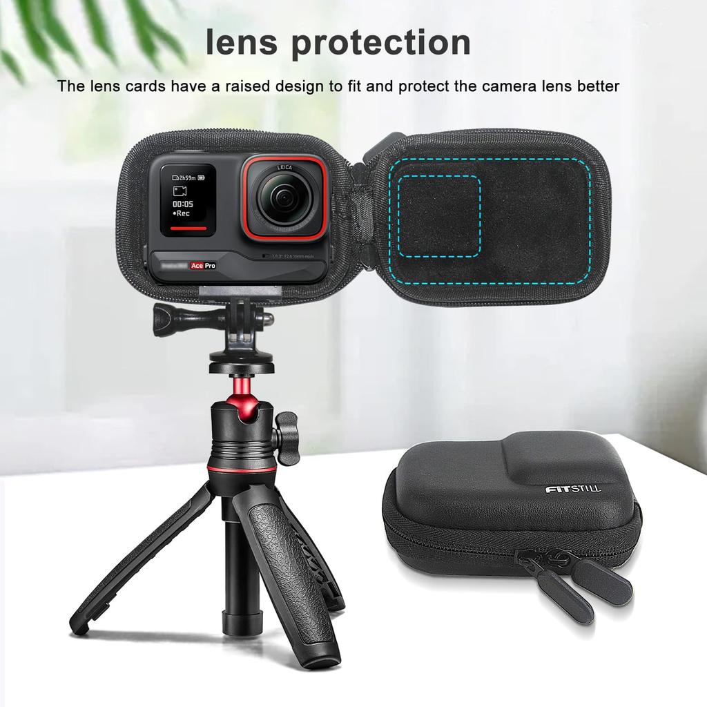 FiTSTILL PU Černý Mini Přenosný Ochranný Tvrdý Skořepinový Cestovní Úložný Tvrdý Kufr Kompatibilní s Insta360 Ace Pro Horolezecká Spona Insta 360 Akční Kamera
