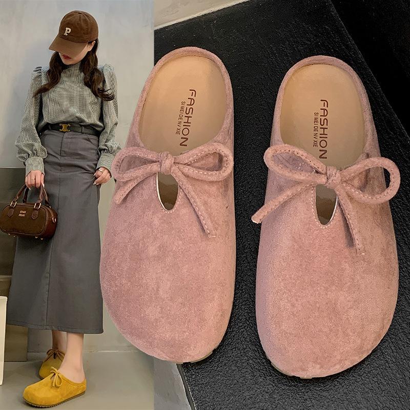 Retro and versatile 2025 autumn new bow one-pedal soft-soled half-slippers flat-bottomed Boken bag head slippers women