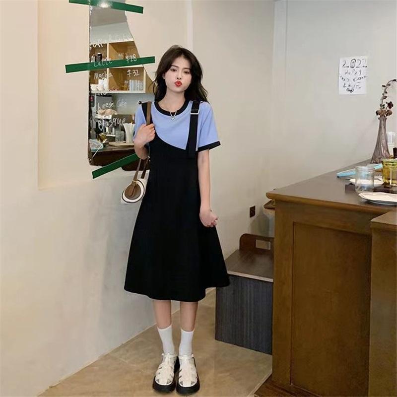 Women's Plus Size Fake Two-Piece Dress Black White Colorblock Casual Summer Short Sleeve A-Line Sundress