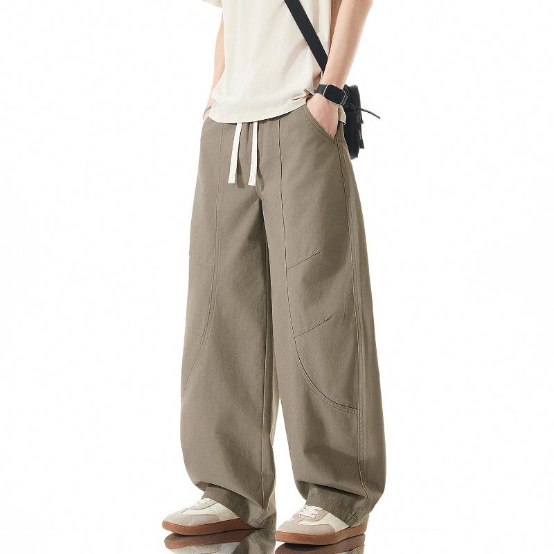Trendy Brand Splicing Drawstring Casual Pants Men's Pure Cotton Loose Wide-leg Drape Lace-up Tooling Trousers