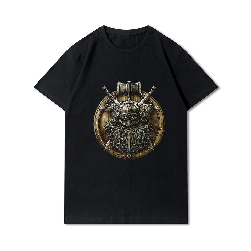 100% Cotton Summer Men T Shirts Viking Vintage Skull Beard with Headphone Printed Casual Top Tees