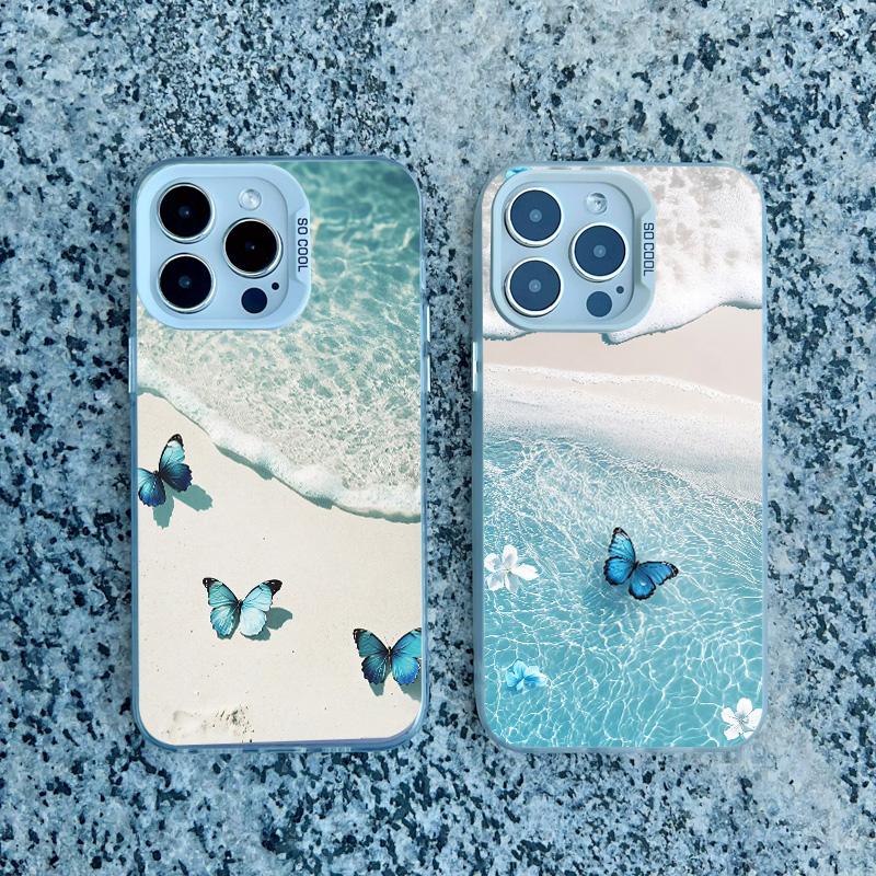 Blue Butterfly Ocean Waves Phone Case For iPhone 14 13 12 11 Pro Max 16 15 Pro Max 13 Mini 16 15 14 Plus Shockproof Laser Covers
