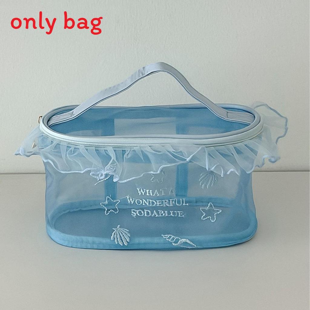Stylish Ocean Blue Mesh Cosmetic Bag For Girls With Embroidery And Breathable Design
