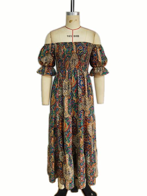 European and American Summer New Exotic Bohemian Vacation Style One-word Shoulder Princess Sleeve Dress