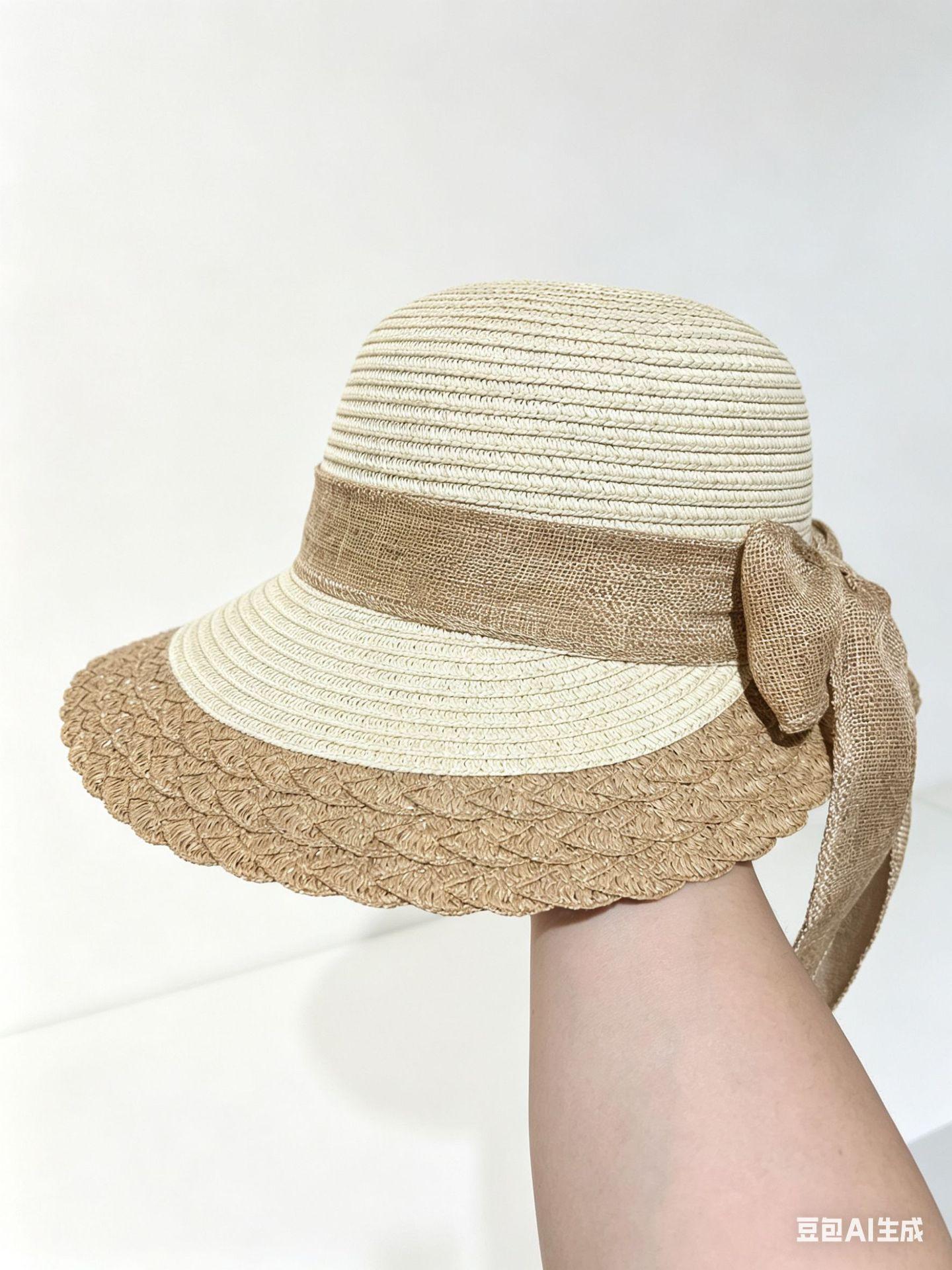 Bow Straw Visor Children Summer Seaside Beach Sun Protection Sun Hat Versatile Big Eaves Foldable Straw Hat 56-58cm бежевый
