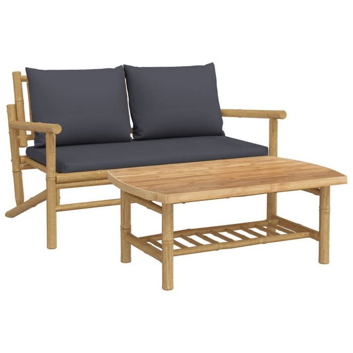 VidaXL Salon de jardin 2 pcs avec coussins gris foncé bambou, ensemble de salon de jardin, salons de patio, siège de jardin, 363465