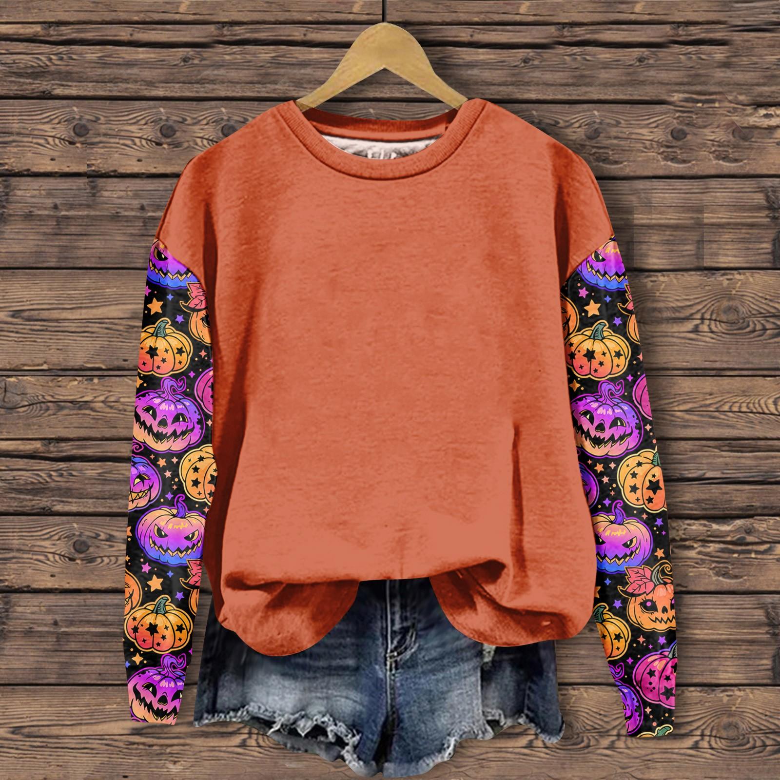 

Женская мода повседневная толстовка с длинным рукавом и круглым вырезом с принтом на Хэллоуин M фиолетовый