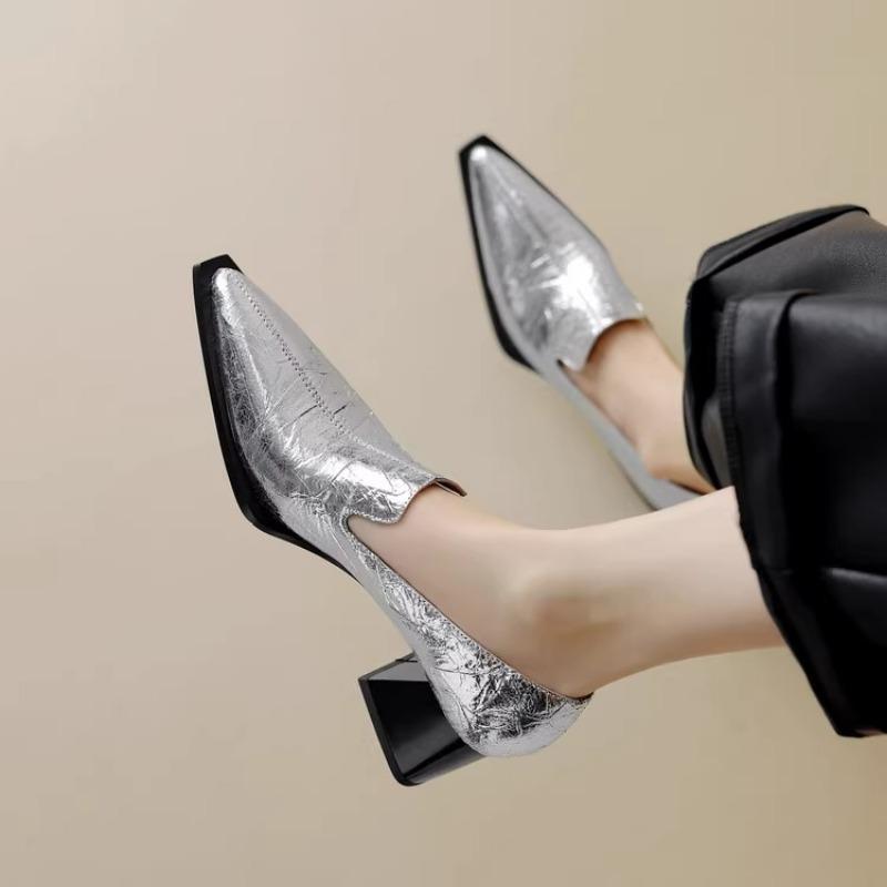 2025 New Fashion Spring Luxury Pumps Women Sexy Pointed High Heels Chunky Heels Designer Loafers Platform Golden Women's Shoes