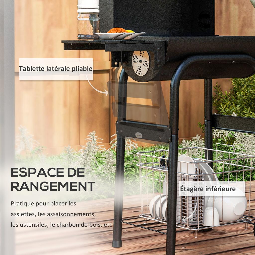 Charcoal Barbecue, BBQ Trolley with Shelves, Wheels, Lid, Thermometer, Chimney, In Metal, Black