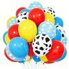 Czerwone Żółte Niebieskie Balony Zabawki, Jasnoniebieskie Balony z Nadrukiem Krowy Chmurki na Urodziny Dziecka, Bajkowe i Piłkarskie Dekoracje Tematyczne