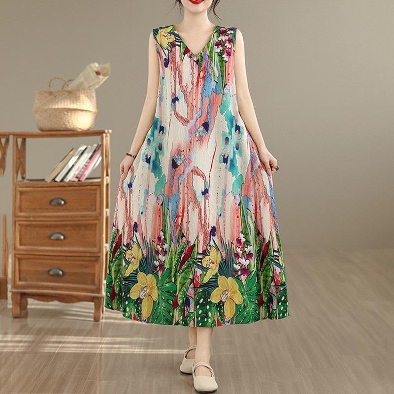 Sleeveless Plus Size Cotton Vintage Floral New In Dresses for Women Casual Loose Long Summer Dress