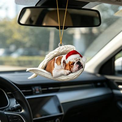 2Pcs Sleeping Dog Car Hanging Ornament, Acrylic 2D Flat Pendant, Cute Animal Rearview Mirror Charm, Christmas Gift Keychain