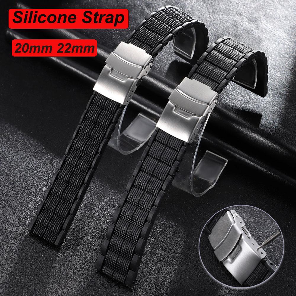 Silicone Soft Watchband Watch Strap 20mm 22mm Sports Waterproof Folding Safety Buckle Soft Silicone Strap Watch Accessories