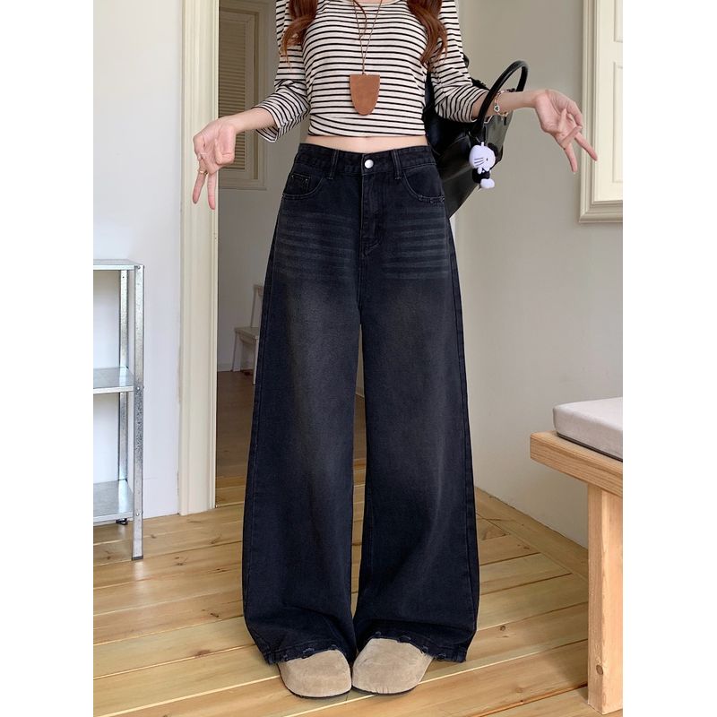 

Kumikumi Design Embroidered Blue Wide Leg Jeans Women Autumn Loose Slimming High Waist Straight Pants Trousers Black 2XL
