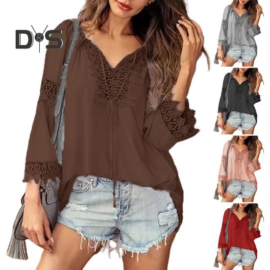 Women Tops V-Neck Embroidery Lace Trim Lace-up Long Sleeve Pullover Tops Solid Color Loose Fit Casual Style Shirt