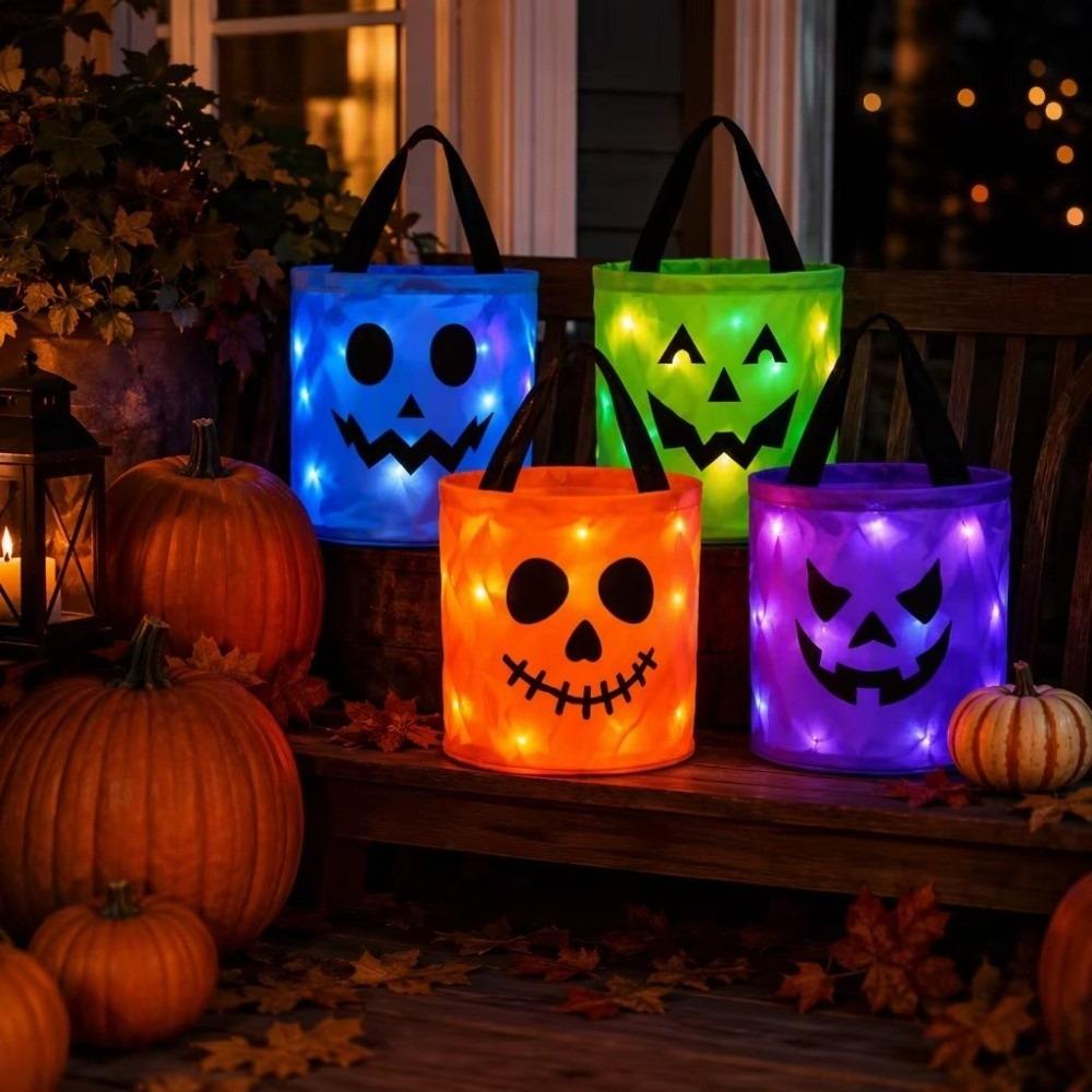 LED Halloween Wiaderko na Cukierki Duch Nadruk Halloweenowa Torba Tote Nowe Wiaderko Dynia Dzieci
