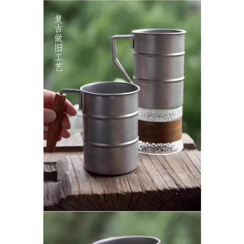 380ml/500ML stainless steel retro beer cup, wooden handle anti fall camping cup, outdoor style travel coffee cup, household cup