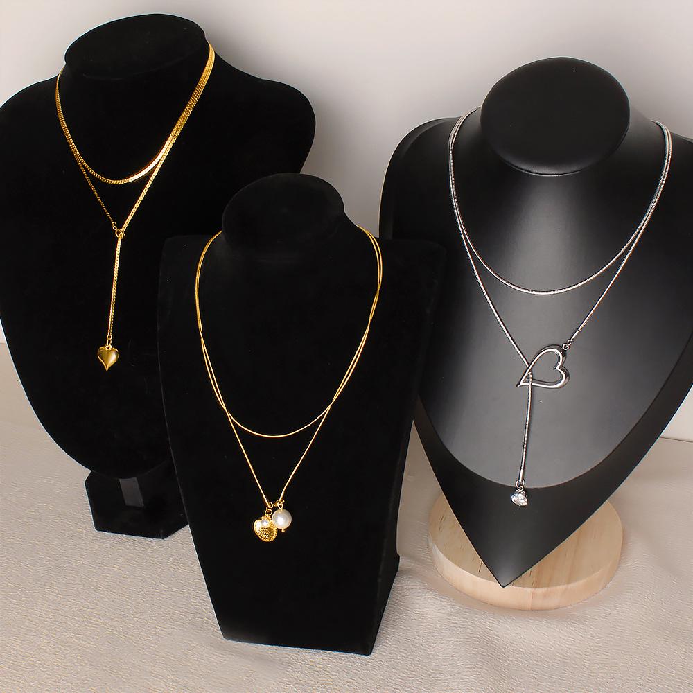 18K Gold Pearl Heart Pendant Zircon Y-Shaped Long Necklace, Double Layer Stackable Titanium Steel