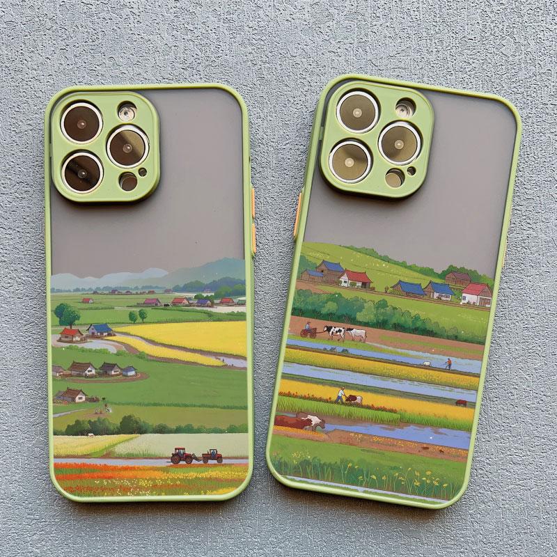 Retro Countryside Scenery Painting Phone Case For iPhone 15 14 13 12 11 Pro Max Mini 16 Pro Max Plus XR XS X SE2 7 8 Plus Covers
