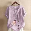 Women's Fashion Round Neck Short Sleeve T-shirt Casual Cotton Linen Graphic Shirt Leisure Loose Two Cute Little Cats Prined Summer Blouse Tops