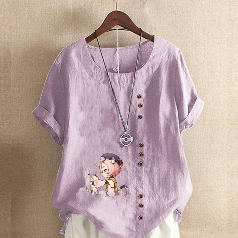 Women's Fashion Round Neck Short Sleeve T-shirt Casual Cotton Linen Graphic Shirt Leisure Loose Two Cute Little Cats Prined Summer Blouse Tops