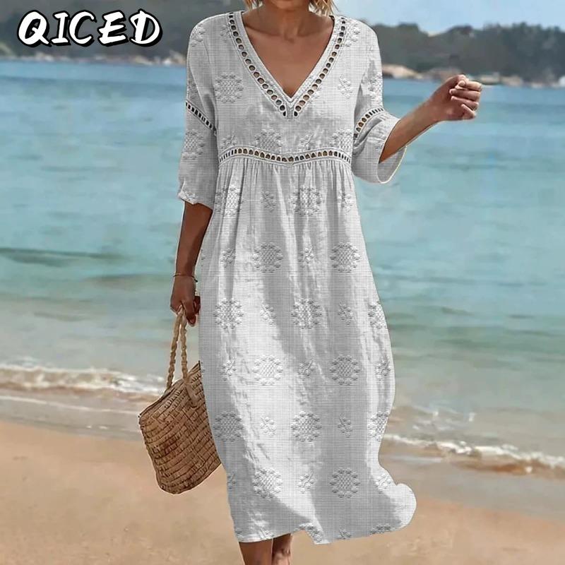 QICED Fashion Summer Spring Short Sleeve V-Neck Casual Dresses
