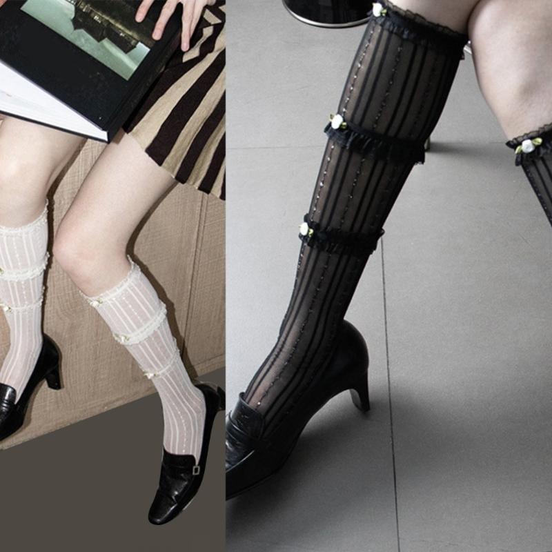 Ruffle Sheer Knee High Socks for Women Girl Stretchy Silk Stockings Student Girls Stockings Tube Socks Nylons Calf Socks