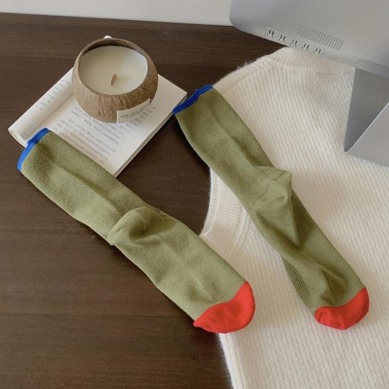 Socks Women'S Contrasting Color Trendy Socks Double Needle Pure Cotton Medium Tube Socks Drawing Casual Versatile Socks