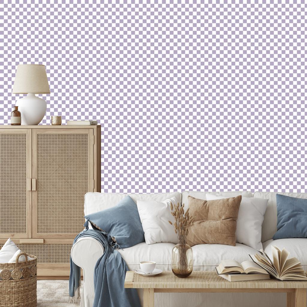 Checkerboard wallpaper light gray, white and purple 50x1000
